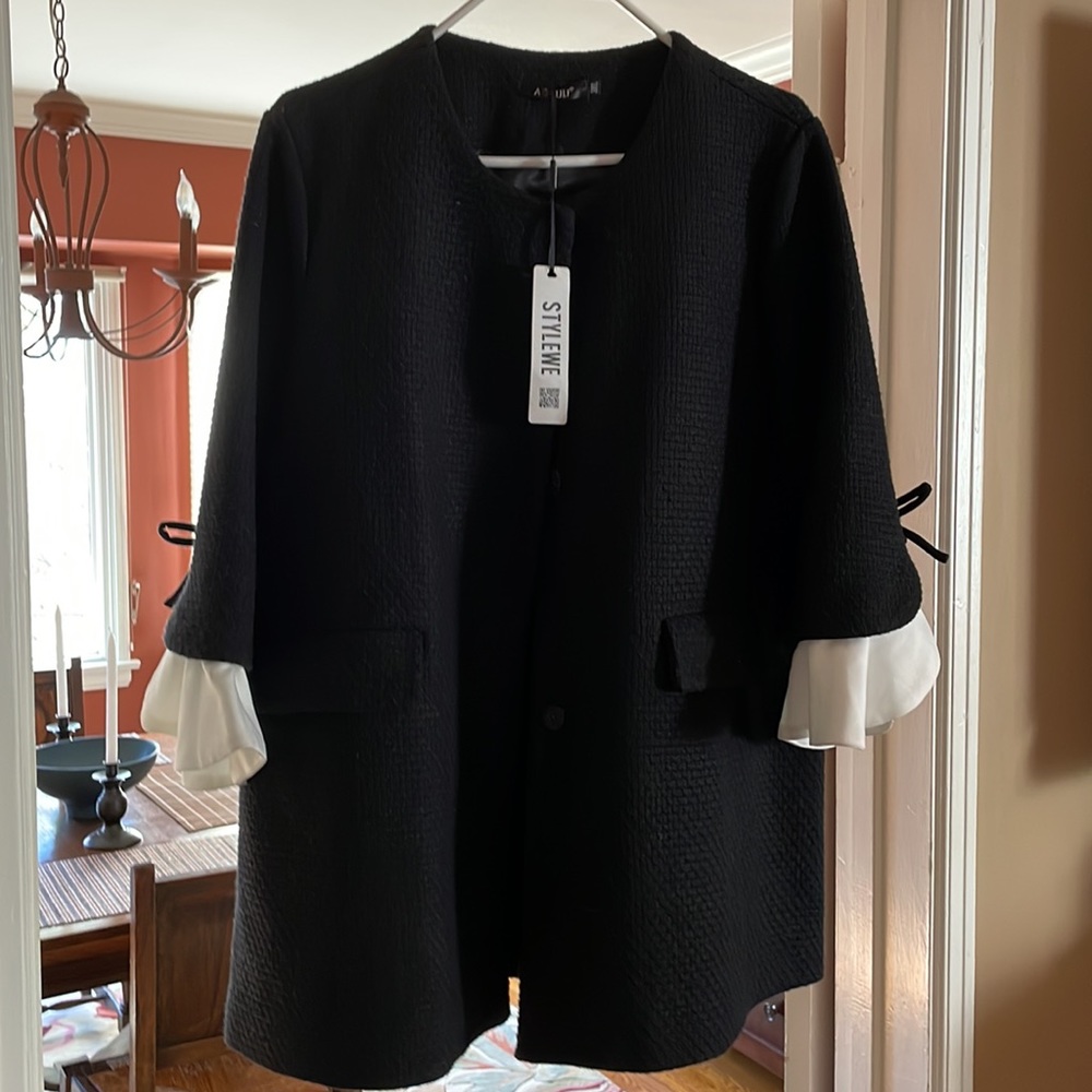 STYLEWE Plus Black Coat NWT Ruffled white trim sleeve 3/4 length. Dressy coat.